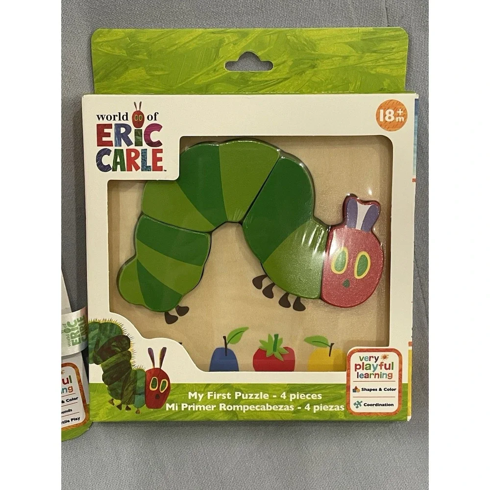 NEW Eric Carle The Very Hungry Caterpillar Wooden 4pc Puzzle & Loop Rattle